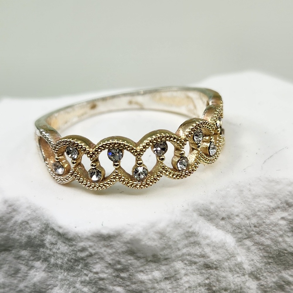 Gold Tone Rhinestone Infinity Openwork Wide Band Ring Size 8.5 Cocktail Romantic